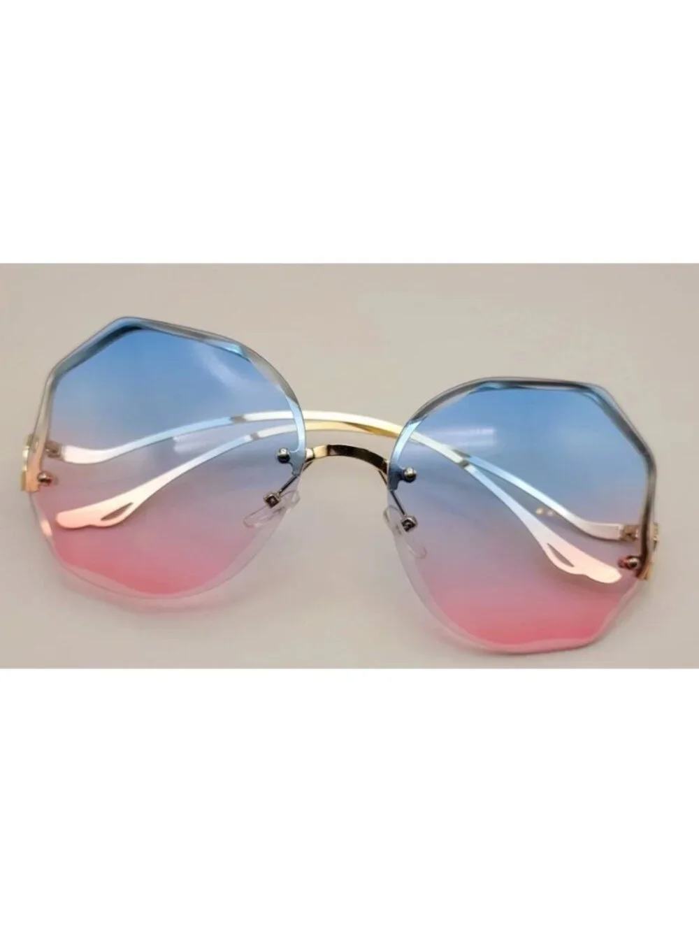Blue & Pink Gradient Oversized Octagonal Sunglasses With Gold Frame